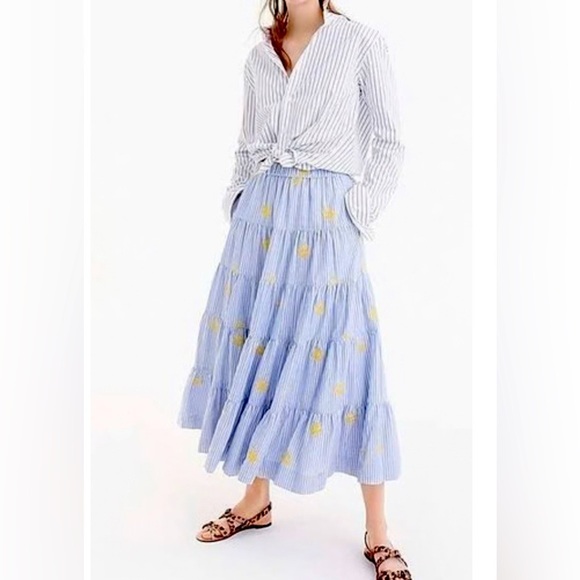 J.CREW Dresses & Skirts - J.Crew Embroidered Pineapple Striped Tiered Midi Skirt Blue White Size XS